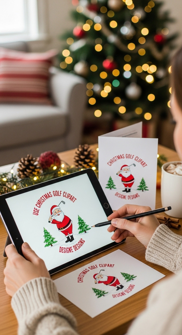 Hands Designing A Christmas Card With Golf Clipart On A Tablet Next To A Finished Card And Hot Cocoa