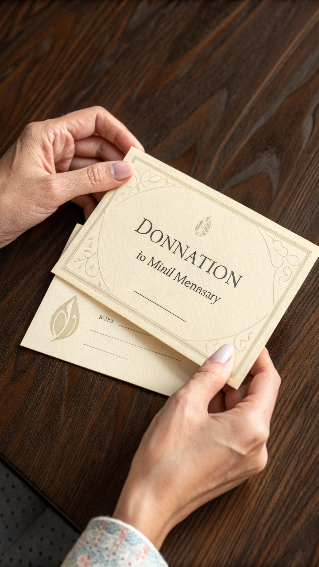 Hands Holding An Elegant Cream Colored Card Signifying A Donation Made In Memory Next To A Perfect White Golf Ball