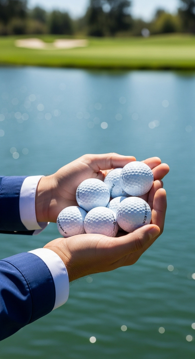 Hands Holding Biodegradable Golf Balls Over Clear Water With A Blurred Golf Course Background