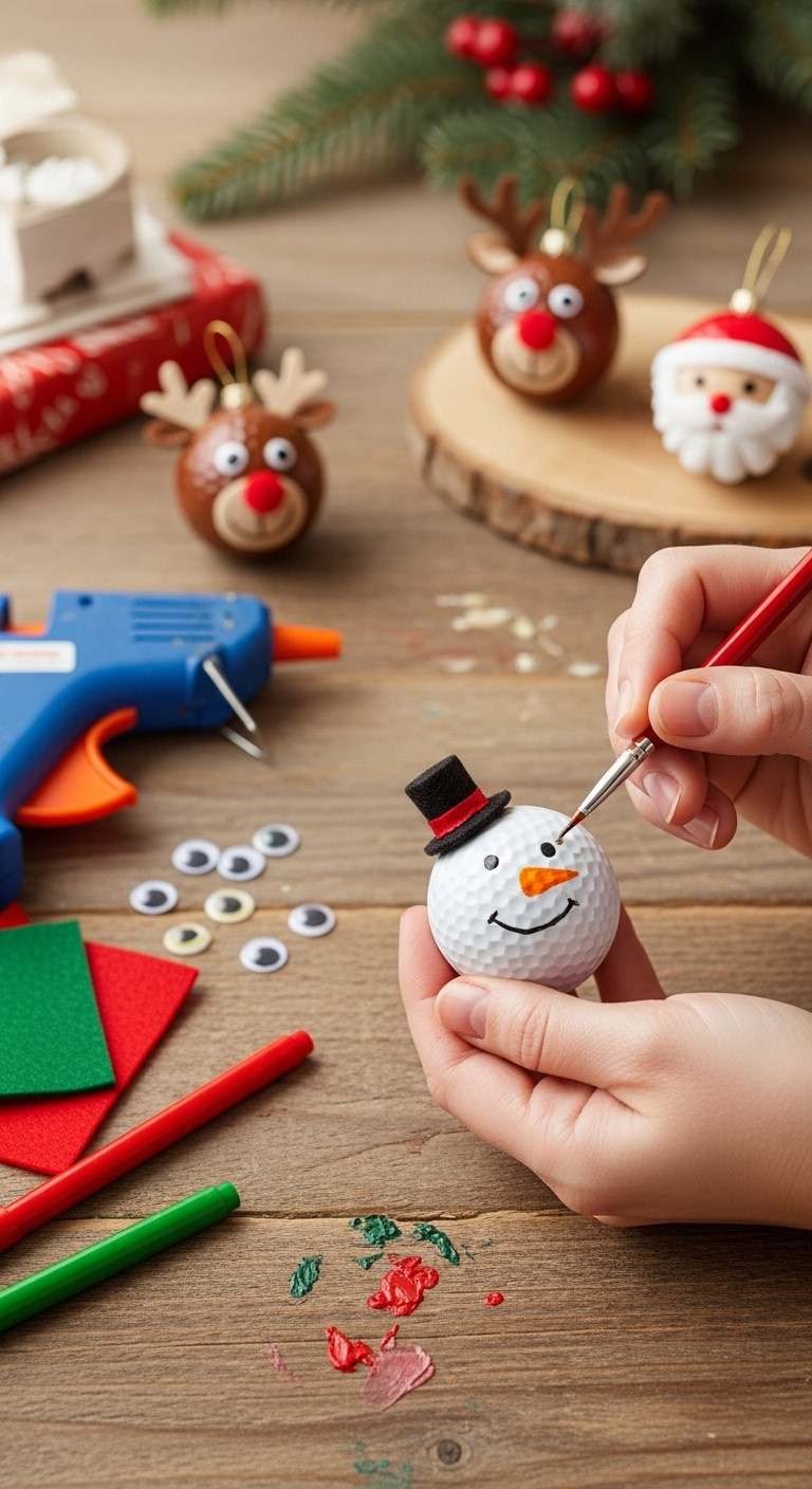 Hands Painting A Snowman Face On A Golf Ball Ornament With Craft Supplies On A Rustic Wooden Table