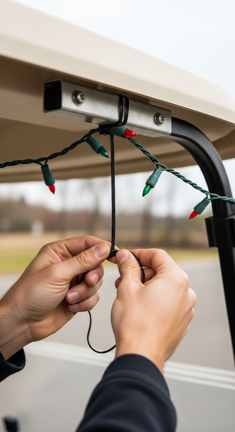 Hands Pulling A Black Heavy-Duty Zip Tie To Secure Christmas Lights To A Golf Cart Frame