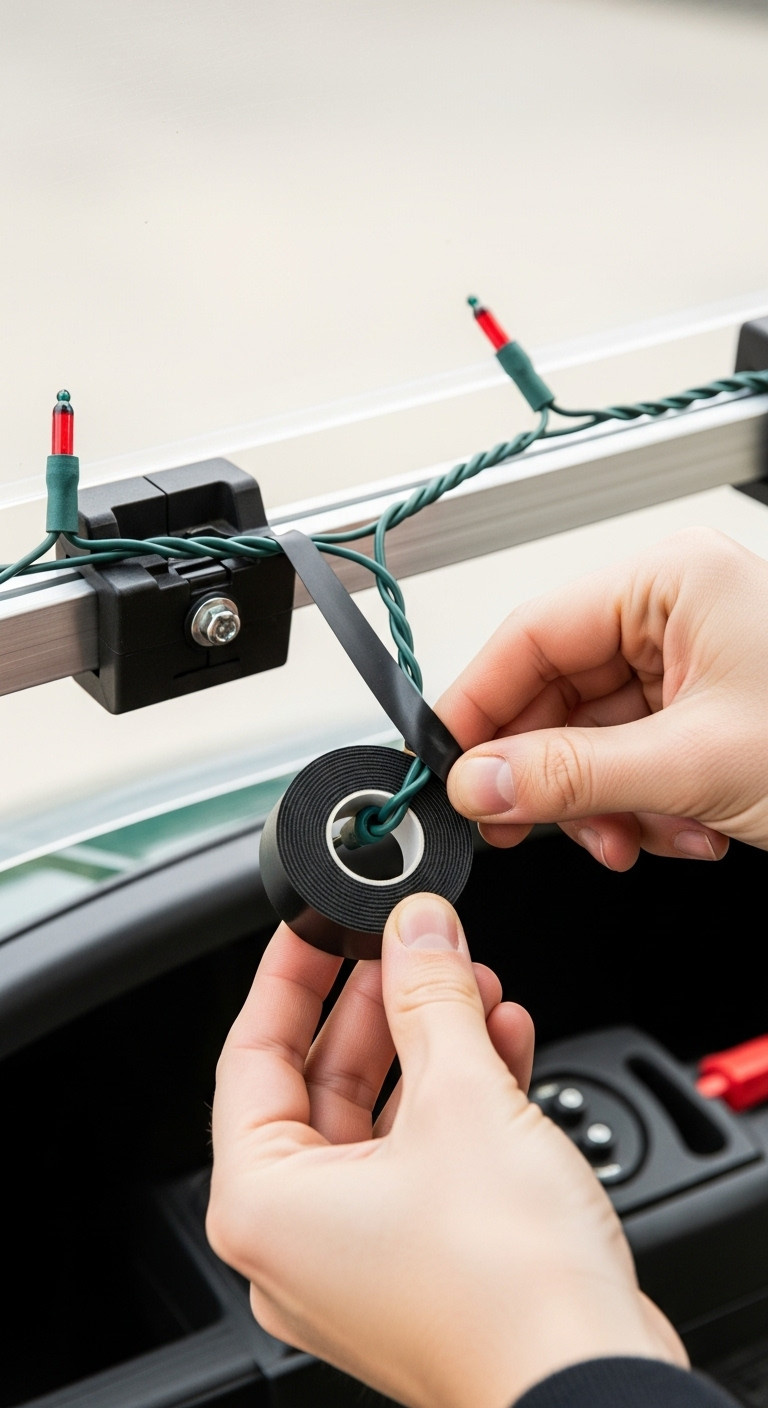 Hands Wrapping Waterproof Electrical Tape Around Christmas Light Connection On A Golf Cart Frame For Safety
