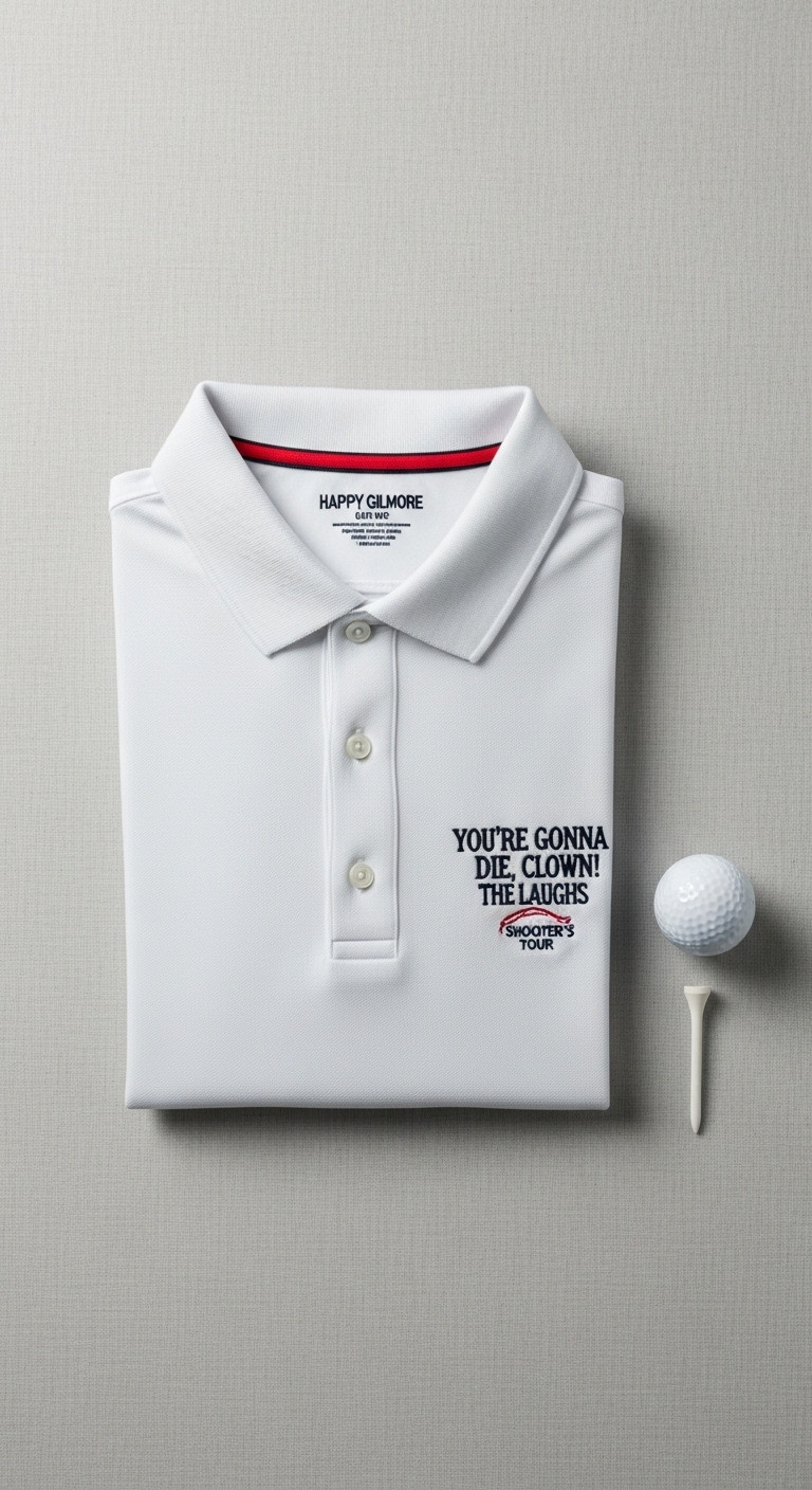 Happy Gilmore Golf Polo With Embroidered Design Golf Tee And Ball Flat Lay