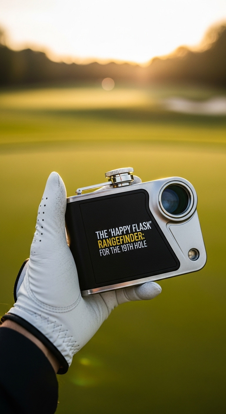 Happy Gilmore Golf Rangefinder Flask Held In A Golfer'S Hand On A Sunlit Course