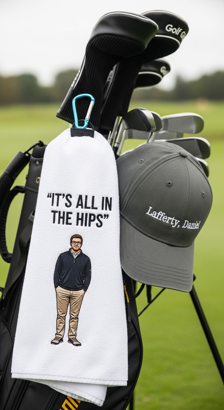 Happy Gilmore Golf Towel And Lafferty Daniel Hat On A Golf Bag
