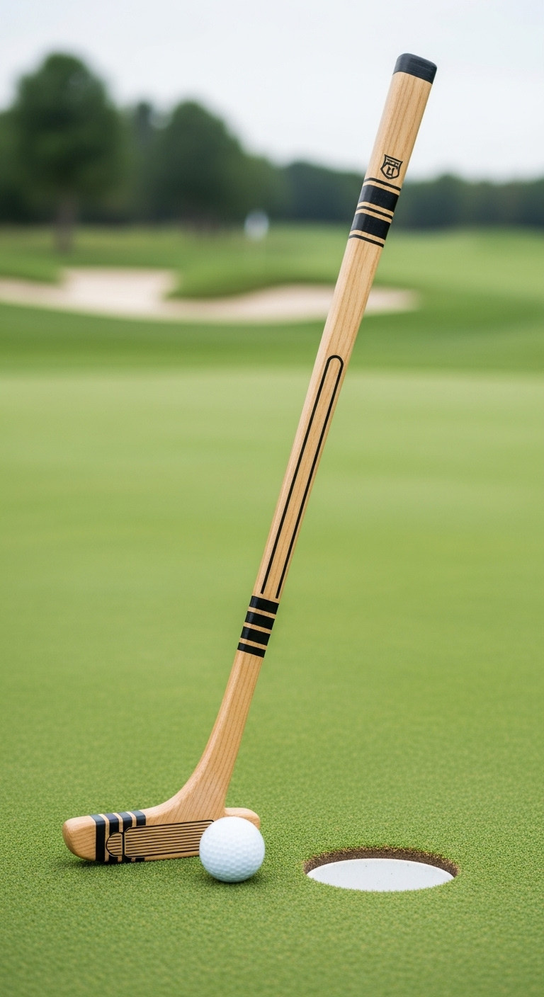 Happy Gilmore Hockey Stick Putter On Golf Green With Ball And Hole