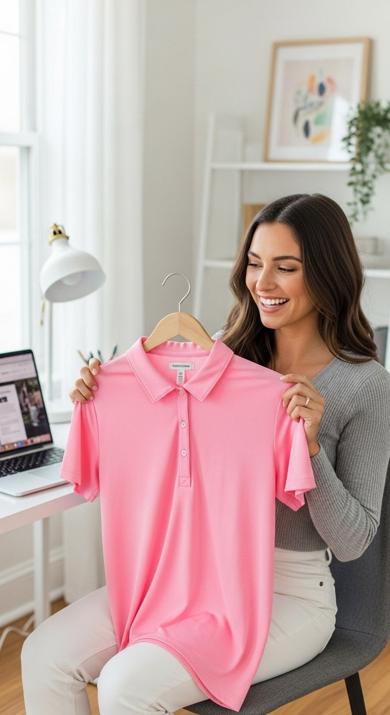 Happy Woman Holding Cheerful Pink Budget-Friendly Golf Polo, Laptop Blurred In Background, Celebrating Smart Online Shopping Deal.