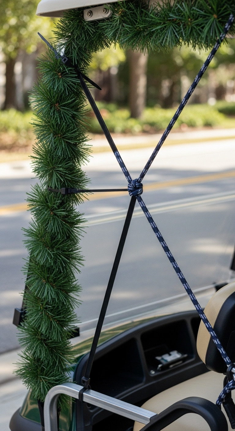 Heavy-Duty Zip Ties And Bungee Cords Securely Fastening A Large, Festive Christmas Prop To A Golf Cart, Ensuring Durable Outdoor Display.