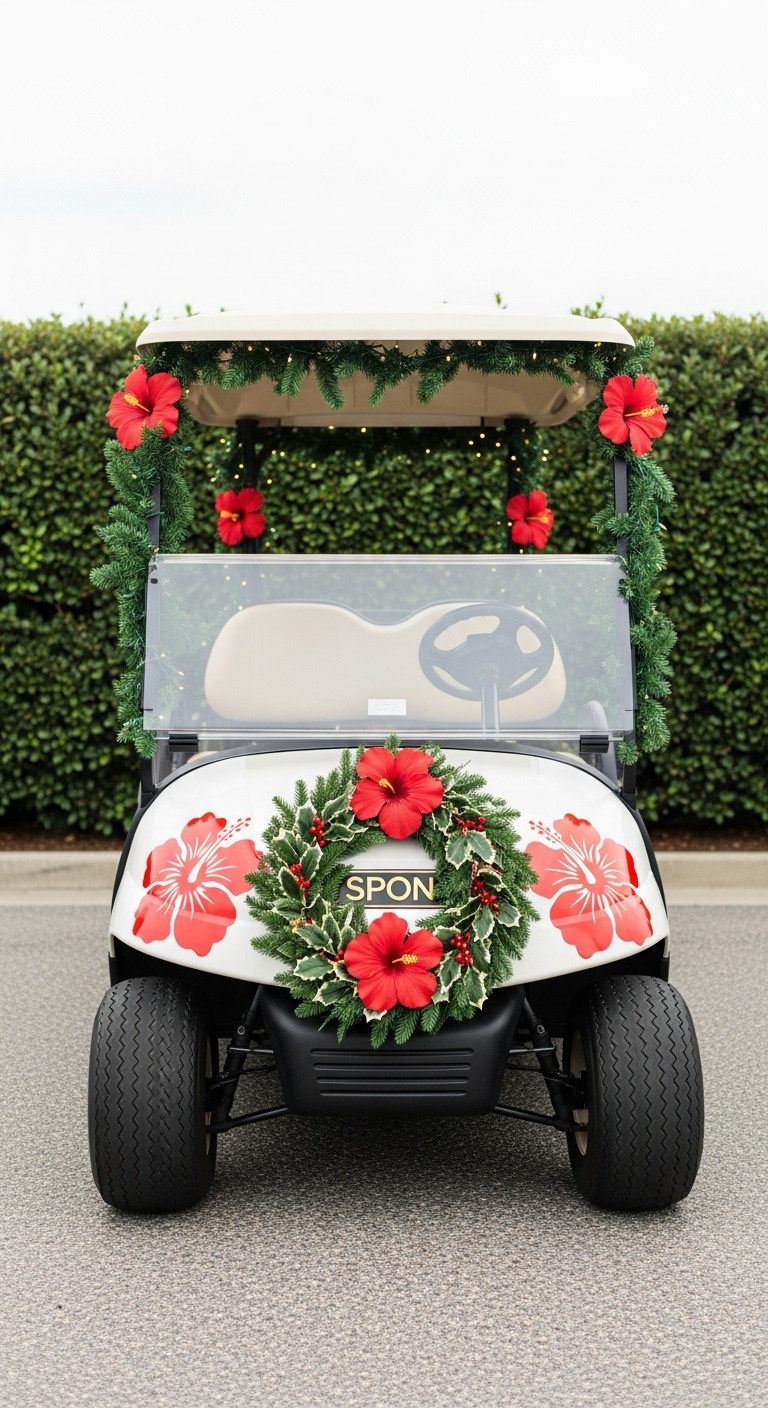 Hibiscus And Holly Holiday Wrap Golf Cart With Red Hibiscus Decals Green Holly Garland And Warm White Lights For Christmas