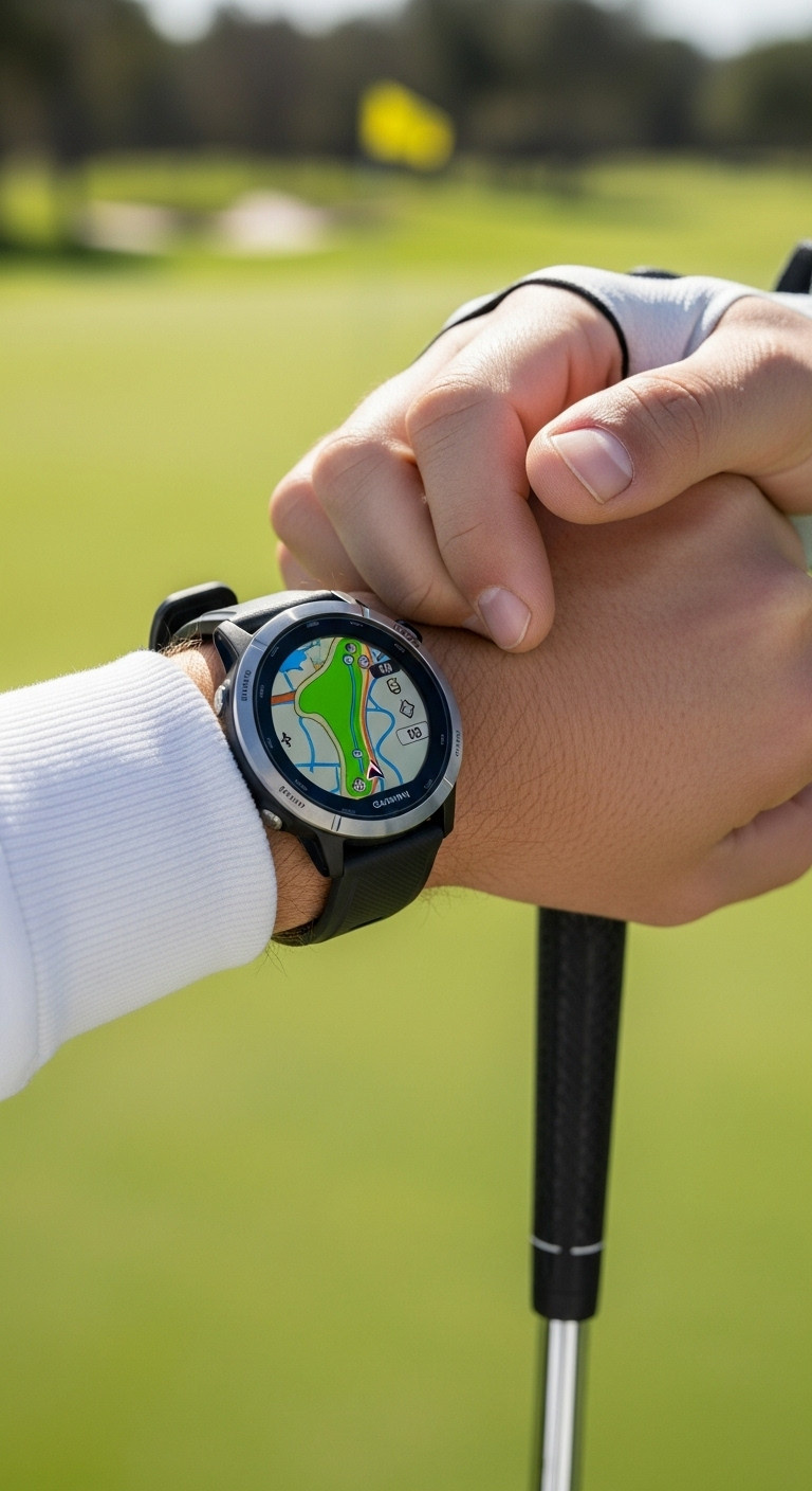 High Tech Gps Golf Watch On A Golfer'S Wrist Displaying A Course Map With A Putter And Green Golf Course Background