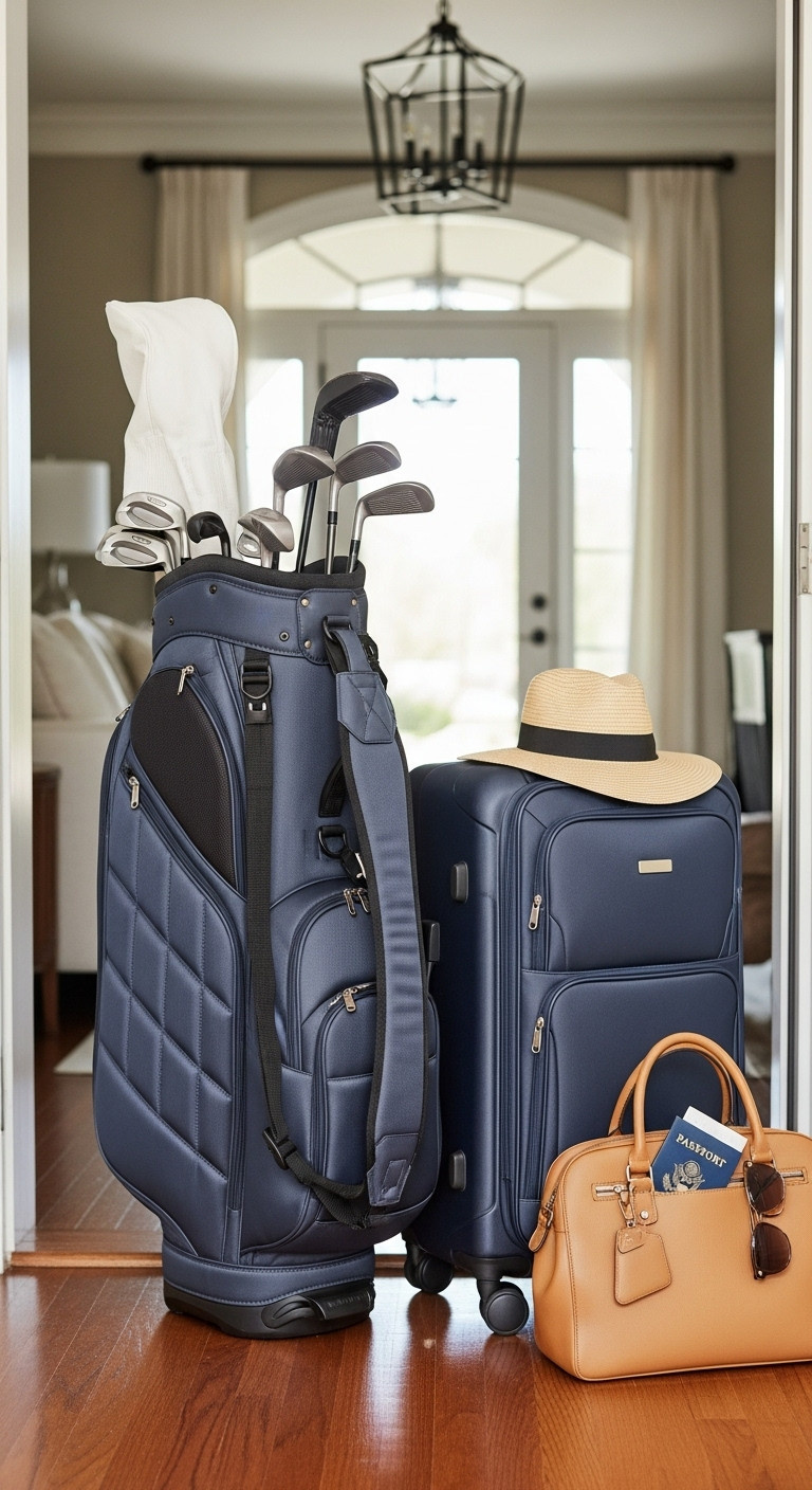 High-End Women'S Golf Travel Bag And Suitcase By A Front Door Ready For A Trip