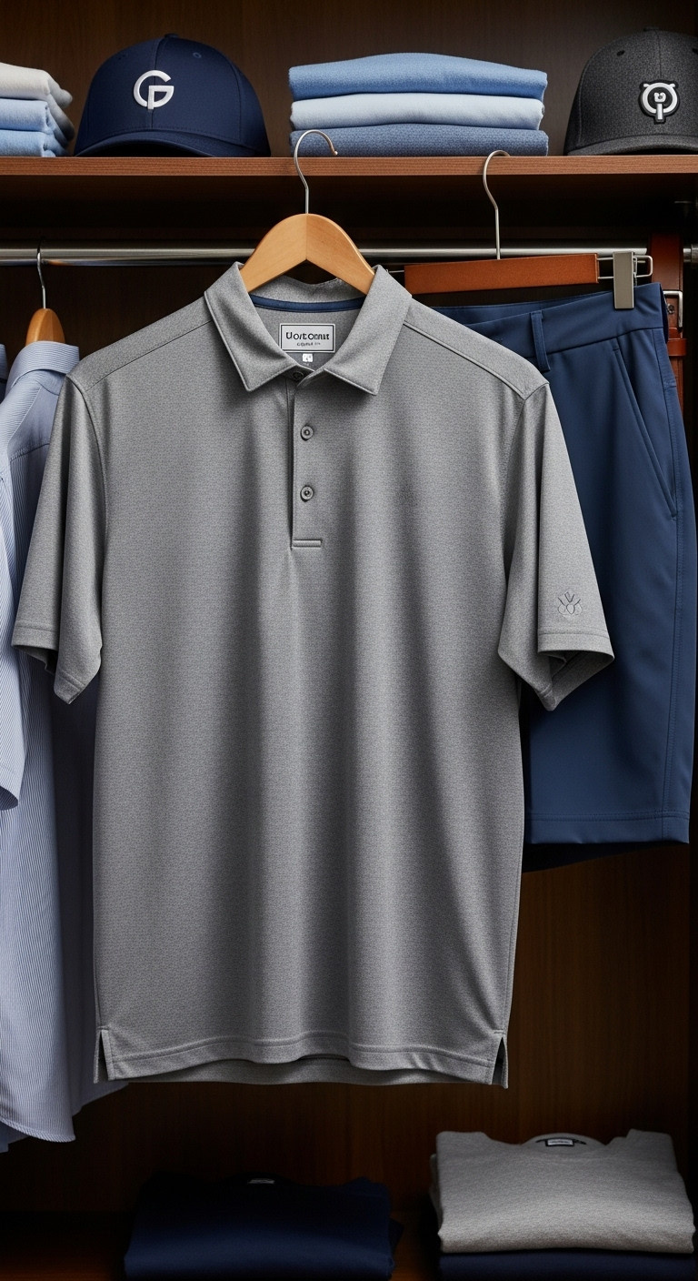 High Performance Golf Polo And Technical Golf Shorts Hanging Neatly In A Men'S Closet