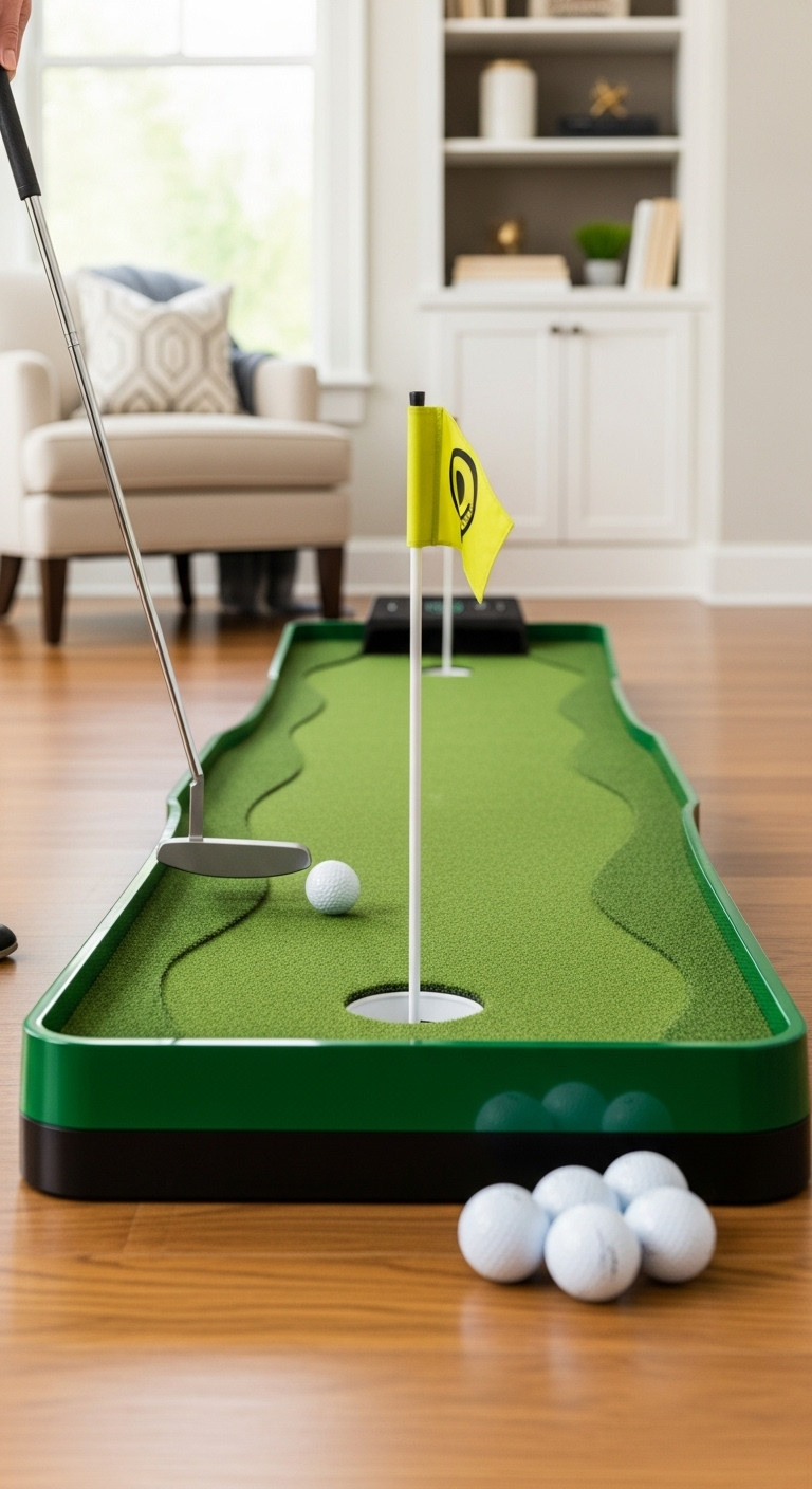 High Quality Indoor Putting Green With Automatic Ball Return In A Stylish Home Office With A Golf Ball Rolling Towards The Hole