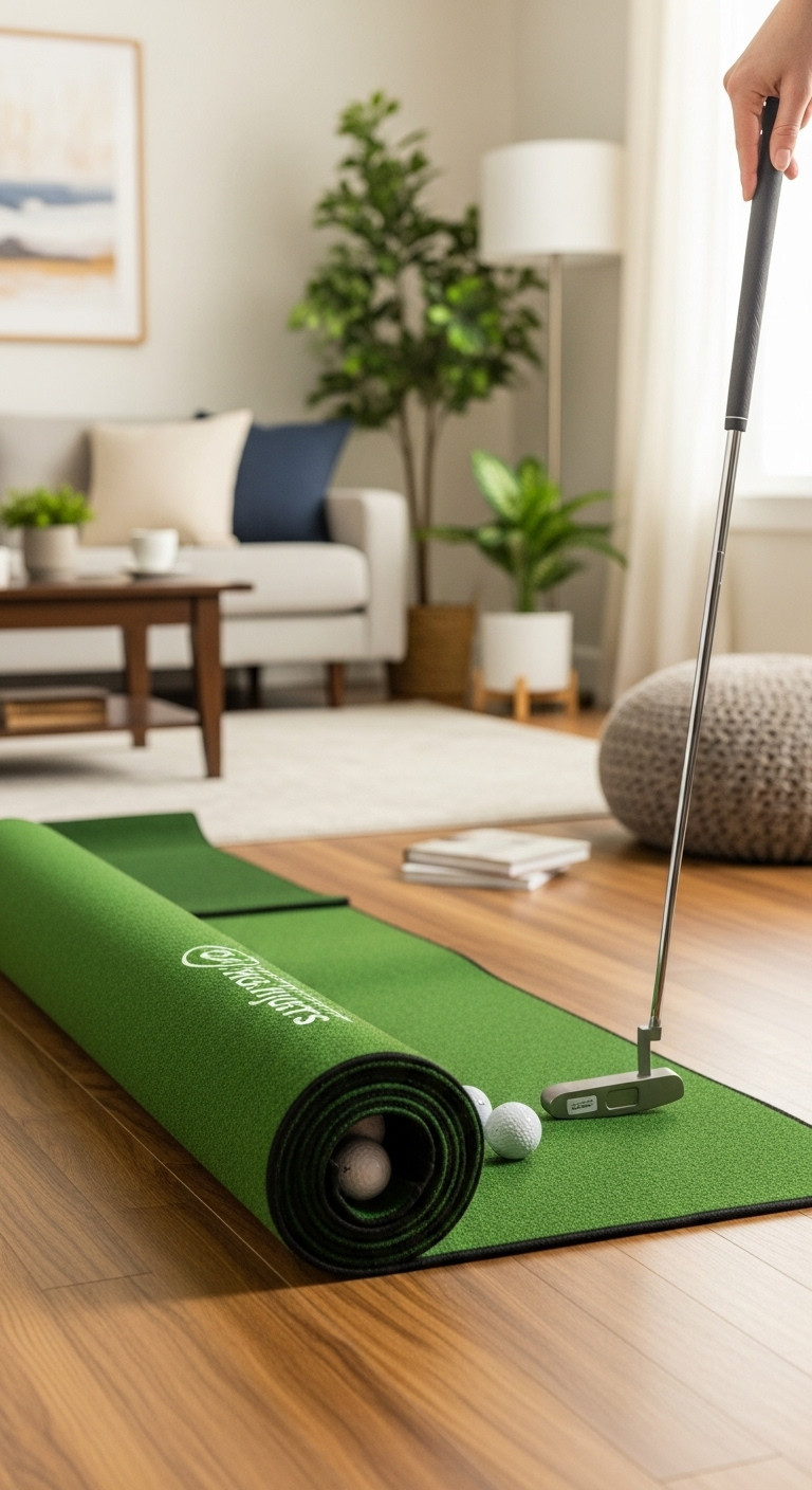 High-Quality Indoor Putting Green With Automatic Ball Return On Hardwood Floor In A Beautifully Lit Living Room
