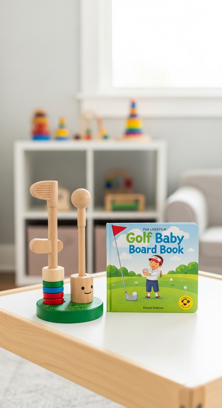 High-Quality Wooden Toy Golf Set Next To A Colorful 'Golf Baby Board Book' On A Child'S Play Table