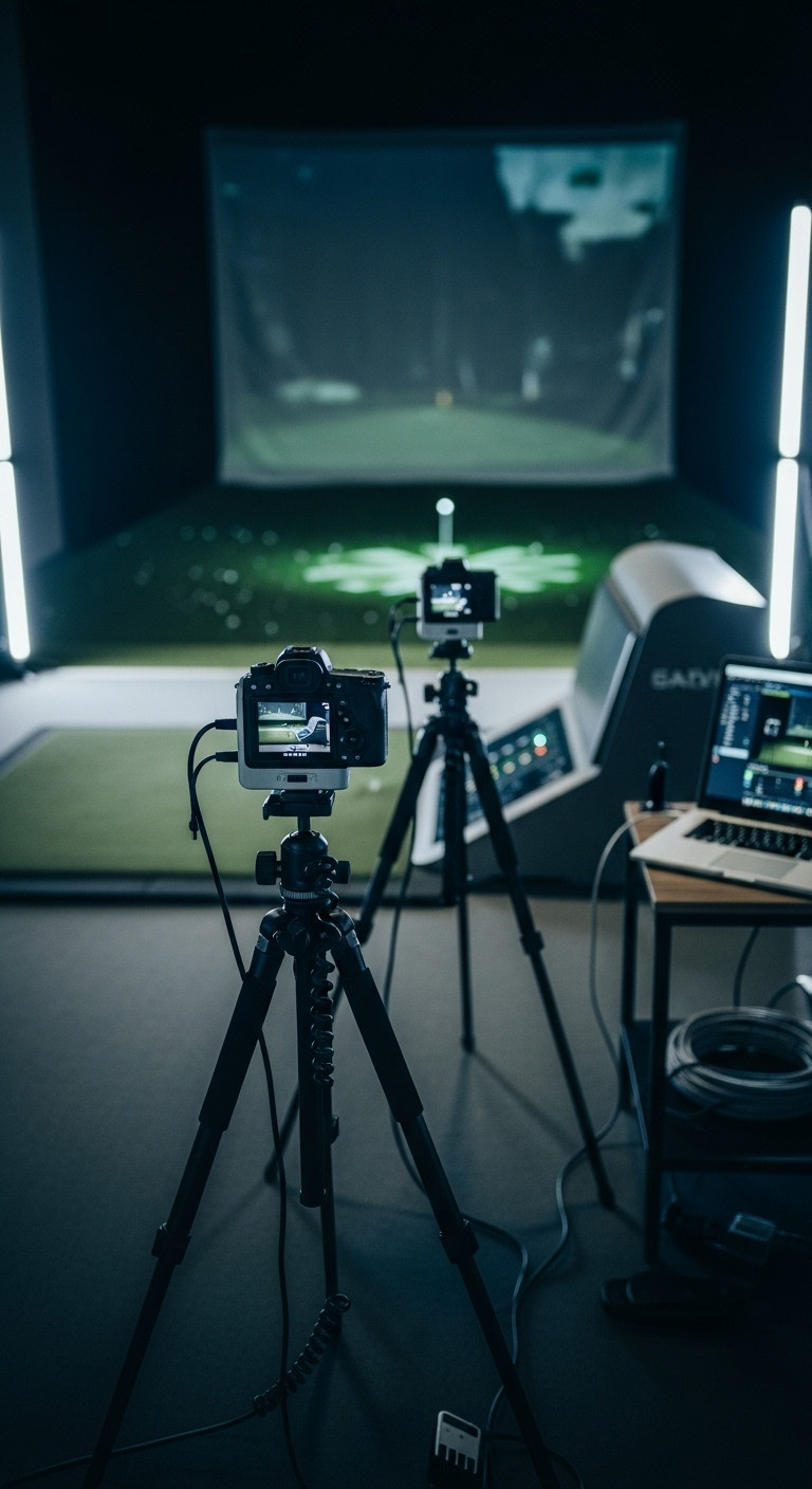 High-Speed Cameras On Tripods Capturing A Professional Golf Swing Analysis Setup In A Simulator Bay