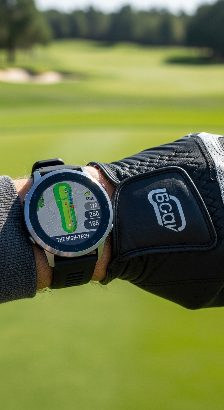 High-Tech Gps Golf Watch On A Golfer'S Wrist Displaying A Vibrant Course Map On A Green Fairway