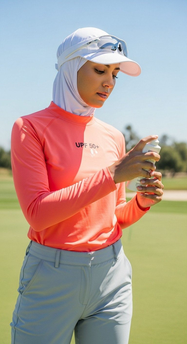 11 Inspiring Hijab Golf Outfits For Flawless Comfort And Style Hijabi Golfer In Coral Upf Shirt, White Hijab &Amp; Visor, Applying Sunscreen On Sunny Golf Course For Sun Protection.