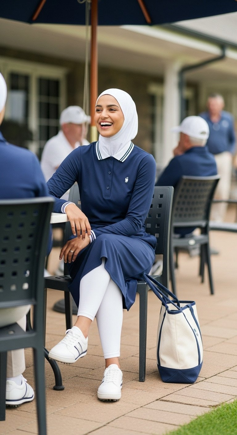 11 Inspiring Hijab Golf Outfits For Flawless Comfort And Style Hijabi Woman In Navy Polo Dress &Amp; White Hijab Laughing With Friends At Golf Course Outdoor Cafe, Social Scene.