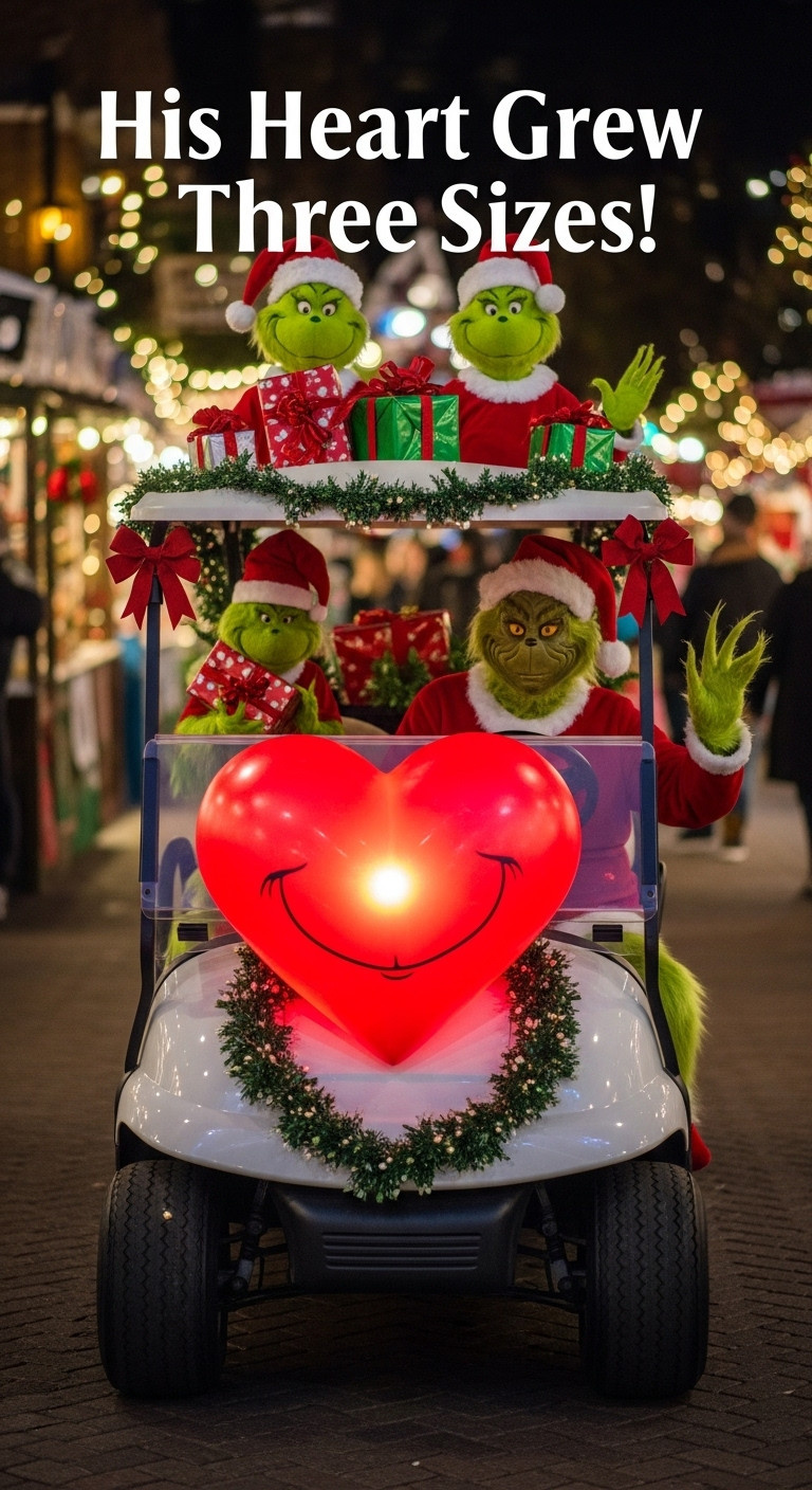 His Heart Grew Three Sizes Golf Cart With A Large Glowing Red Heart Happy Grinch And Festive Decorations In A Market