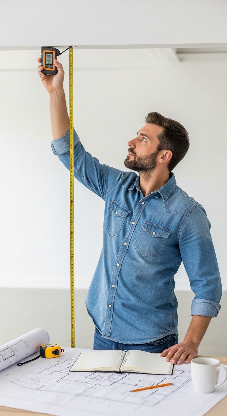 Design Your Perfect Golf Simulator Room Setup From Start To Finish Homeowner Uses A Laser Measurer And Tape To Precisely Measure An Unfurnished Room, Planning A Golf Simulator Setup. Clean, Modern Space For Home Golf Installation.