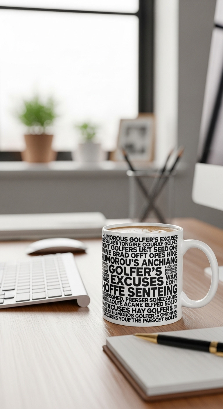 Humorous Golfer'S Excuses Coffee Mug Filled With Coffee On A Wooden Desk Next To A Keyboard Pen And Notepad