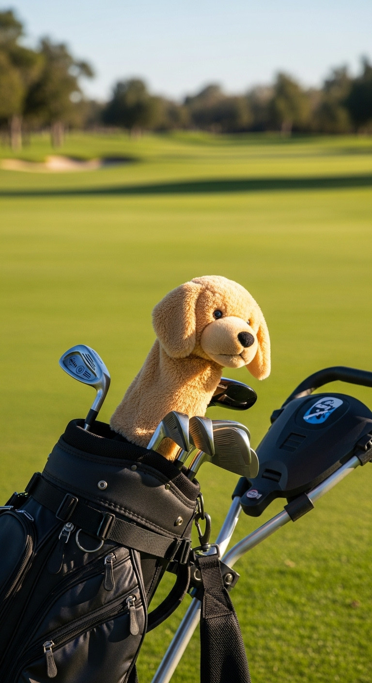 Humorous High Quality Novelty Headcover Shaped Like A Golden Retriever Peeking Out Of A Golf Bag On A Sunny Course