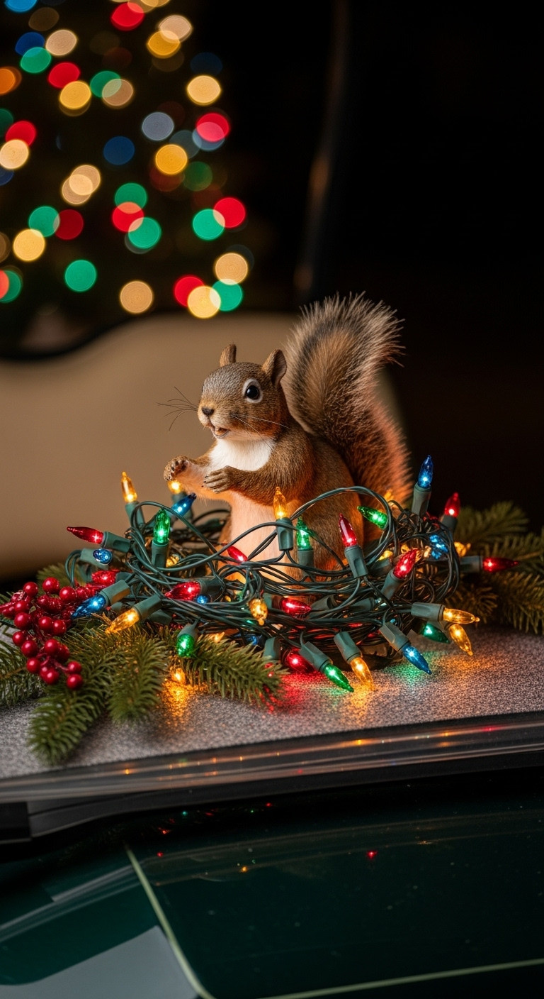 Humorous Faux Squirrel Prop Tangled In Vibrant Multi-Colored Christmas Lights On A Golf Cart Roof, Creating A Classic Holiday Scene.