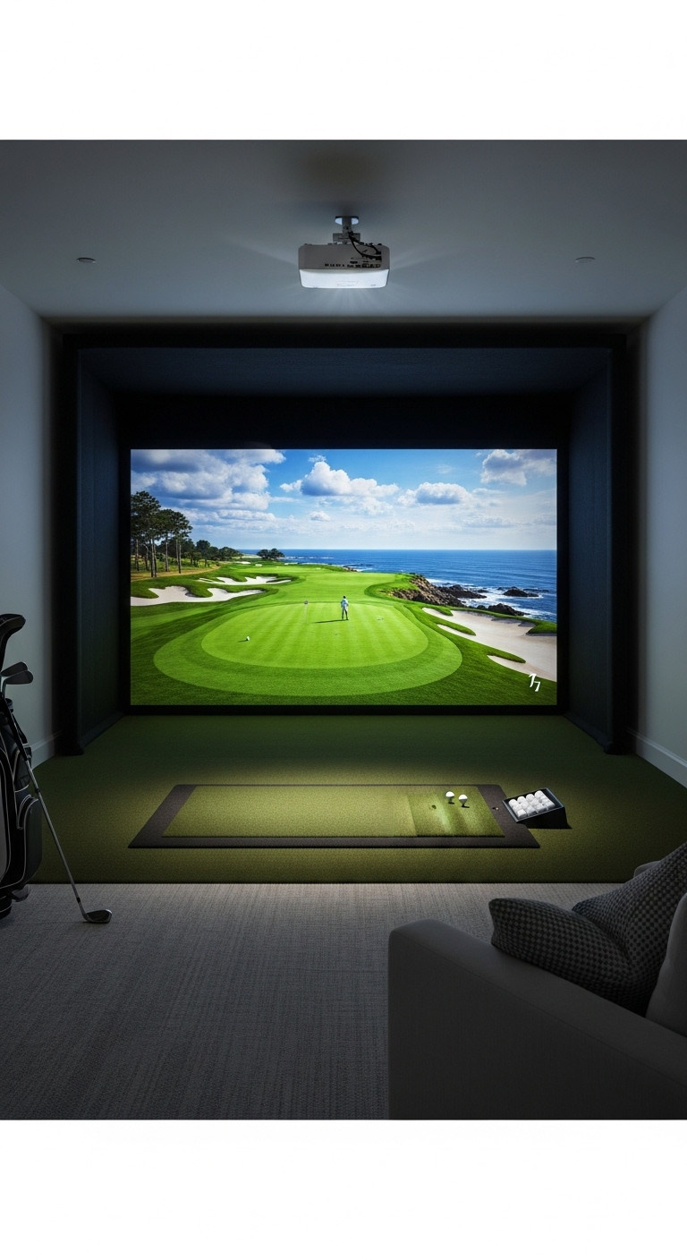 Hyperrealistic Home Golf Simulator Setup With Vibrant Projected Golf Course