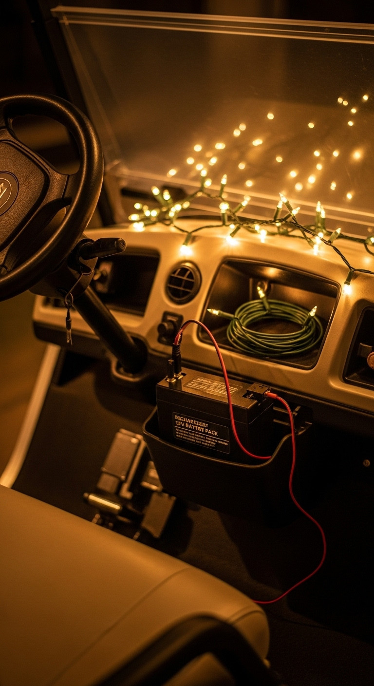 Independent Battery Pack Neatly Tucked Into Golf Cart Glove Compartment Powering Christmas Lights Safely
