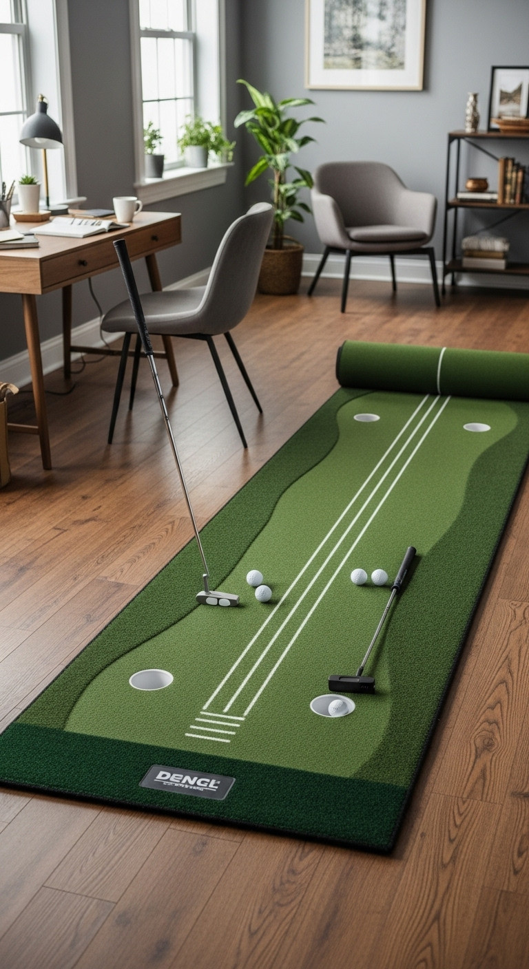 Indoor Putting Green Mat With Putter And Golf Balls In A Stylish Home Office
