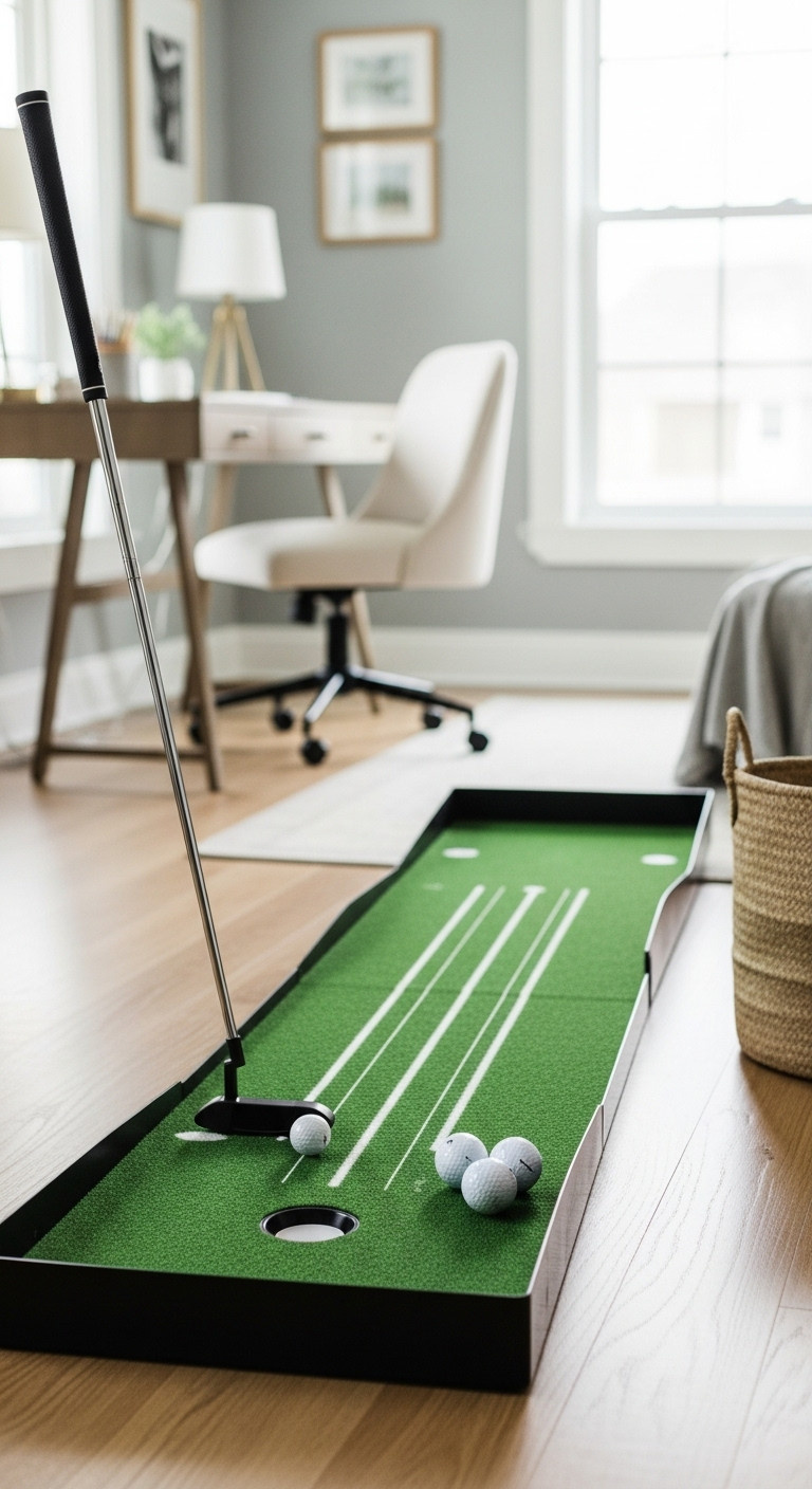 Indoor Putting Green With Automatic Ball Return In A Cozy Home Office With Putter And Golf Balls