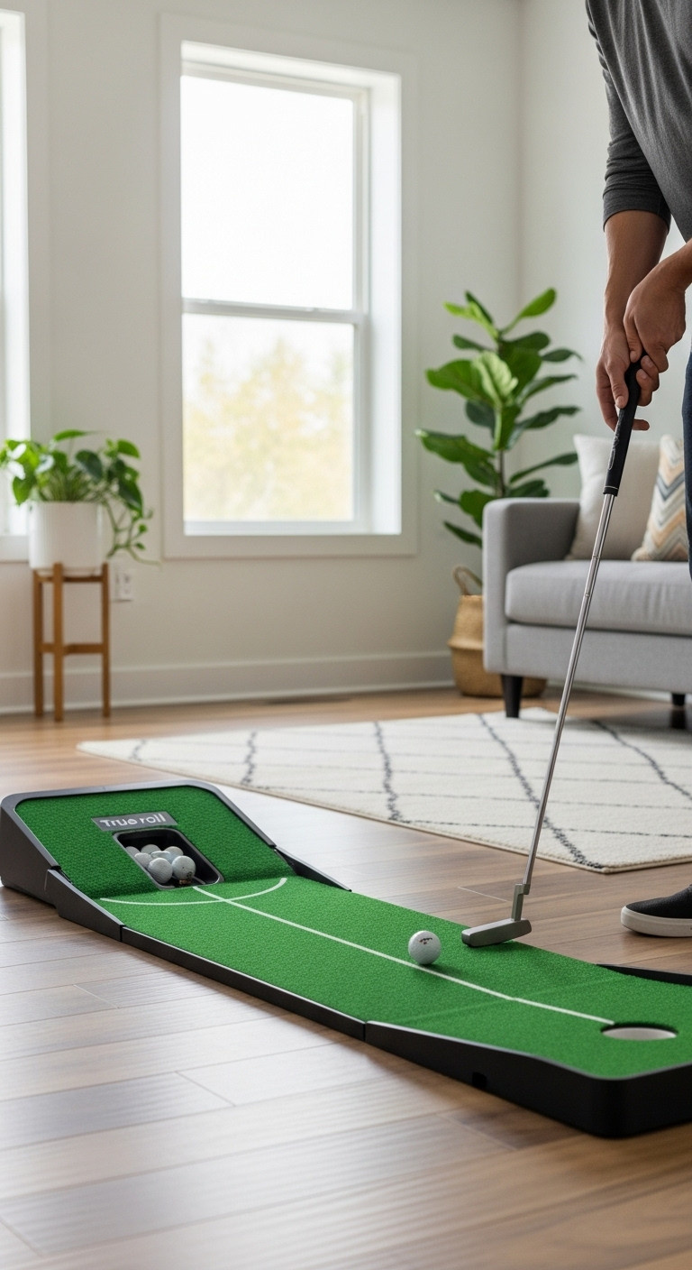 Indoor Putting Green With Automatic Ball Return In A Modern Living Room For Home Golf Practice