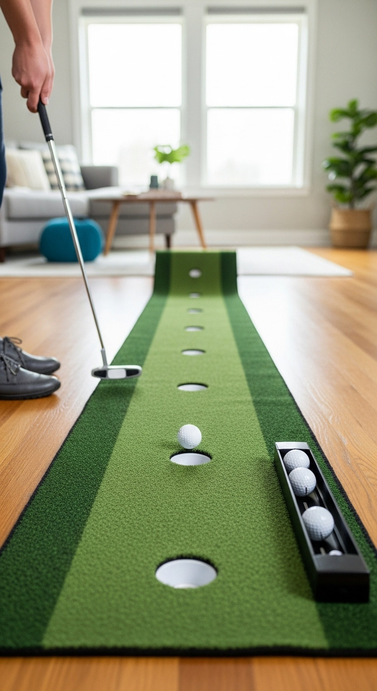 Indoor Putting Green With Automatic Ball Return On Hardwood Floor In Living Room With Golf Ball Rolling To Hole
