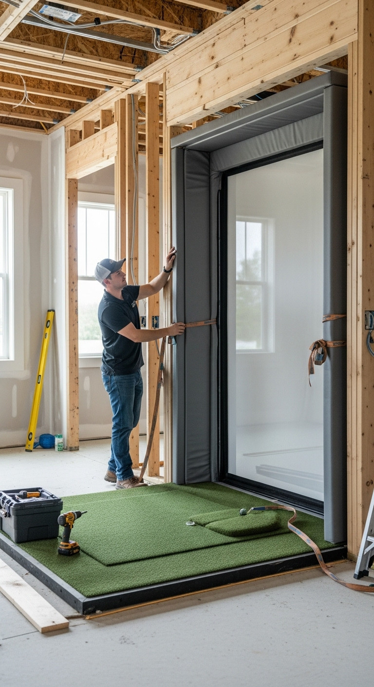 Create Your Perfect Golf Simulator Man Cave Expert Design Build Installing A Golf Simulator Impact Screen And Safety Enclosure, Showing Precise Setup And Construction For A Home Golf Room.