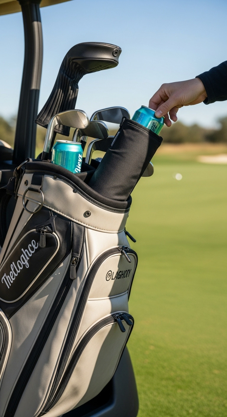 Insulated Golf Bag Cooler Sleeve Being Slid Into A Golf Bag Pocket On A Golf Cart On A Sunny Course