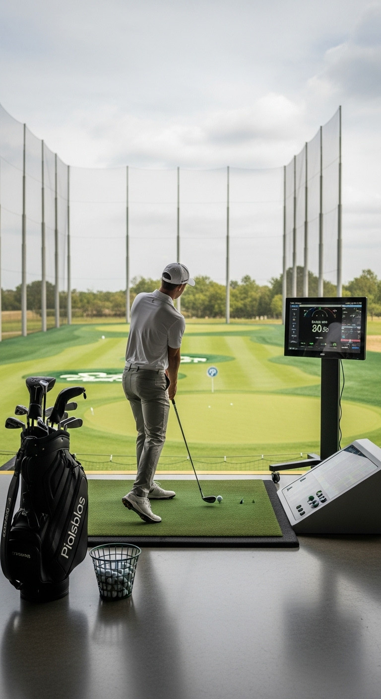 Interactive Tech Driven Long Drive Contest With Golf Launch Monitor Digital Screen And Golfer On Driving Range