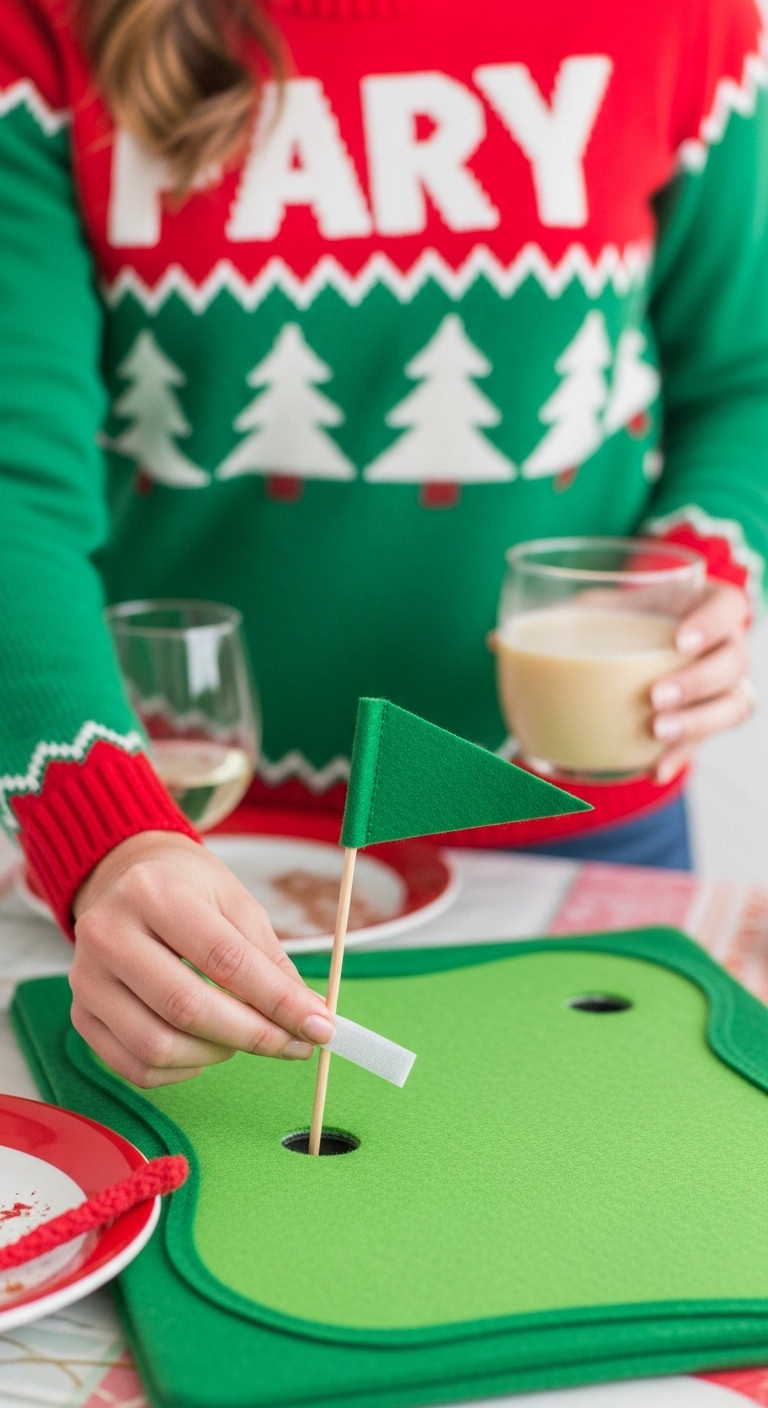 Interactive Ugly Christmas Sweater With A Felt Putting Green And A Hand Placing A Flag