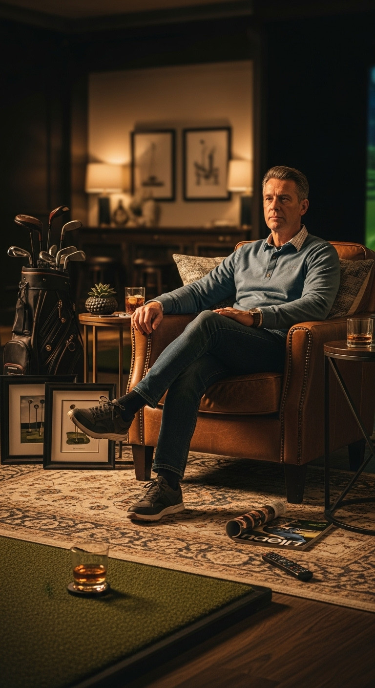 Create Your Perfect Golf Simulator Man Cave Expert Design Build Inviting Golf Simulator Man Cave Lounge With A Comfortable Leather Armchair, Stylish Side Table, And Subtle Golf-Themed Decor.