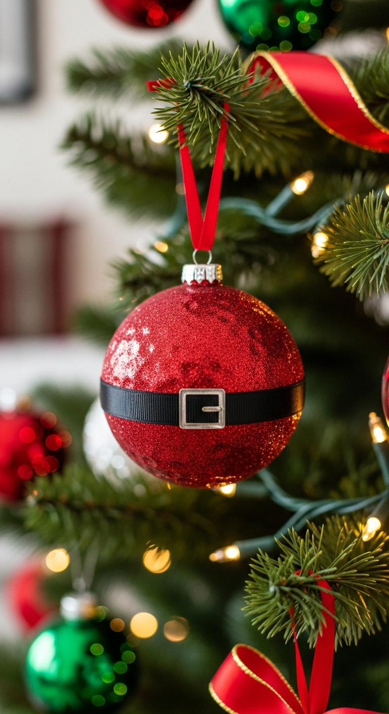 Jolly Santa Belly Golf Ball Ornament Hanging On A Christmas Tree With Festive Lights And Green Pine Needles In A Cozy Room