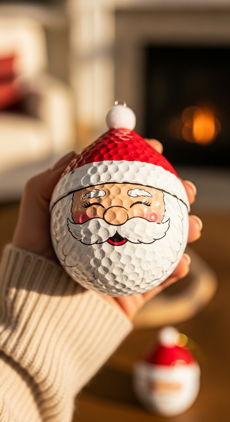 Jolly Santa Claus Ornament Made From A Golf Ball With A Fluffy Beard Held In A Hand