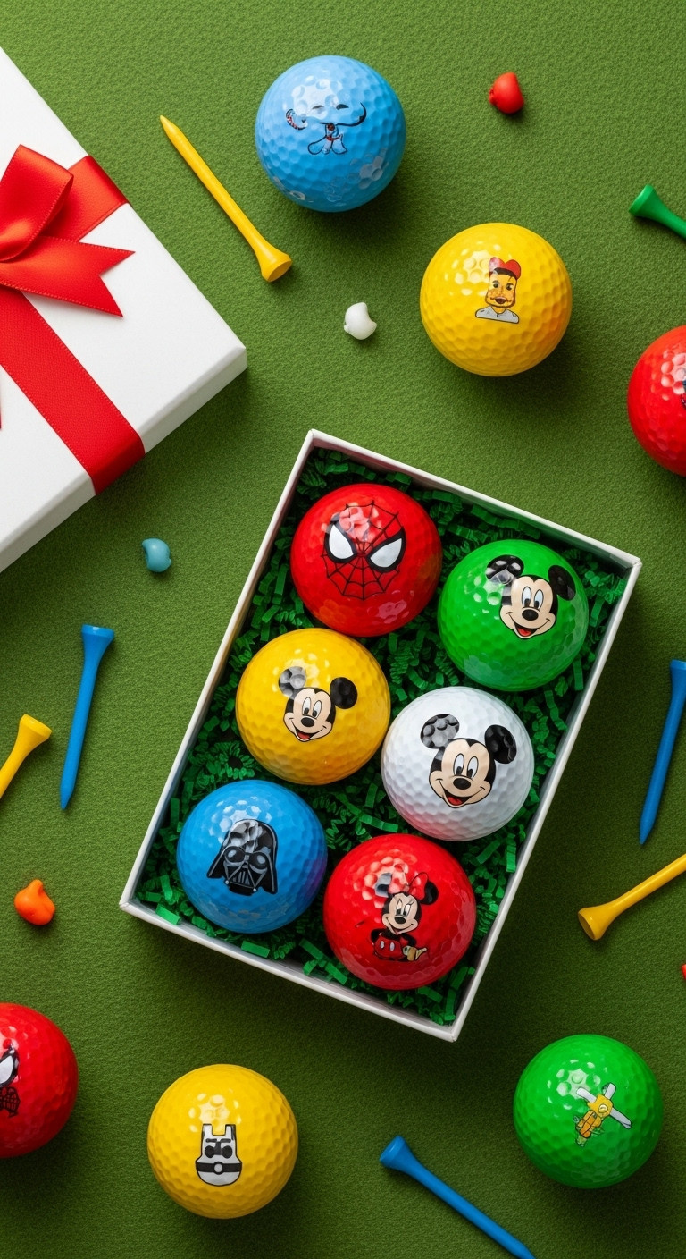 Kids Character Golf Balls In A Gift Box With Colorful Tees On Green Felt