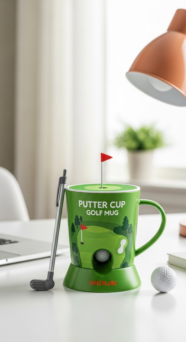 Kikkerland Putter Cup Golf Mug With Mini Golf Club Pen And Golf Ball On A Clean Office Desk