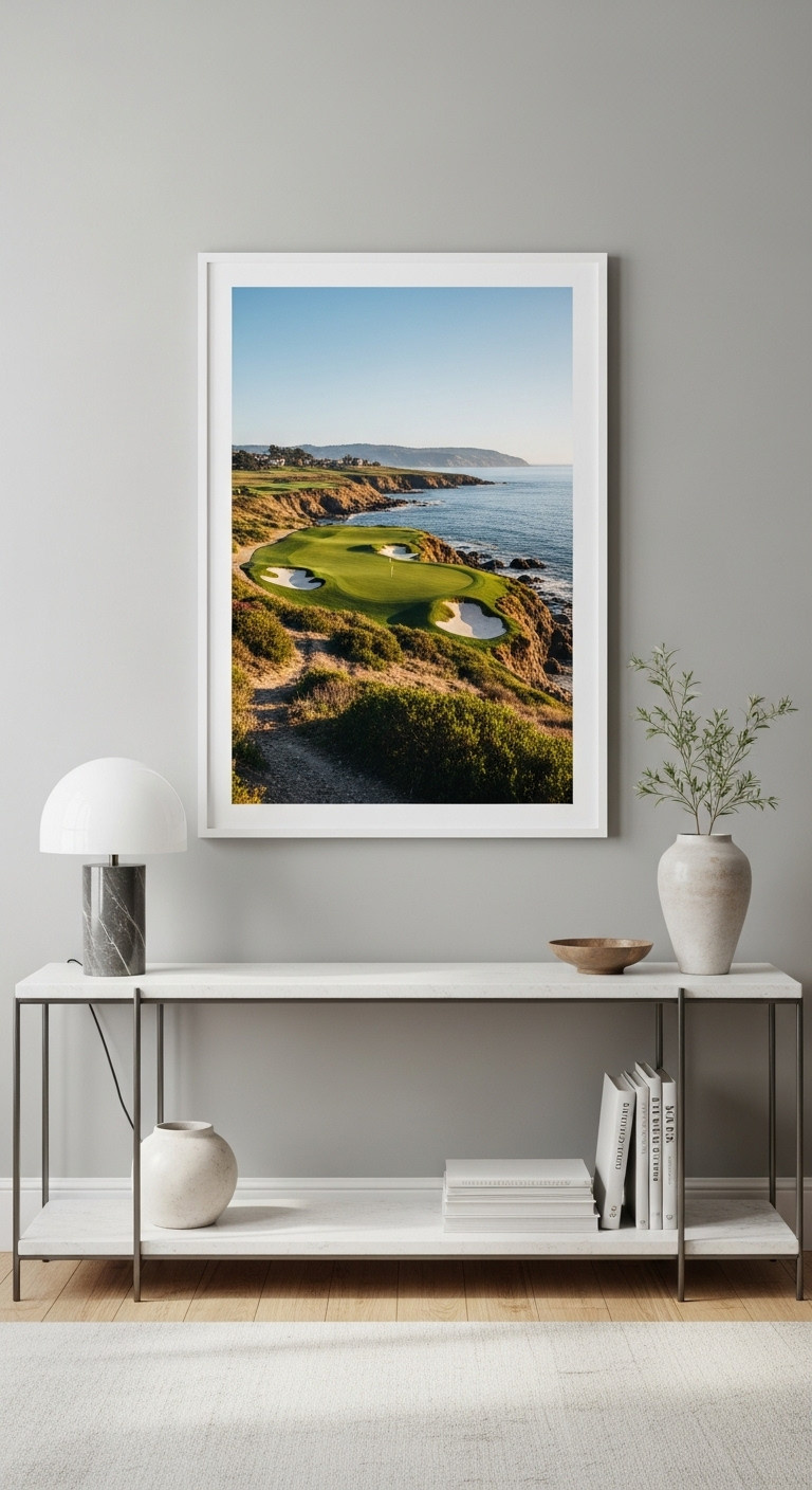 Large Framed Photo Of Pebble Beach Golf Course Hanging In A Modern Living Room Above A Minimalist Console Table