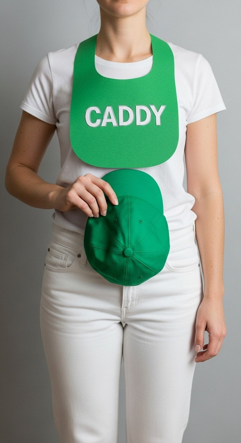 Golf Caddy Outfit Ideas A Complete Guide To Buy Or Diy Last-Minute Caddy Outfit: Person In White T-Shirt, Pants, Handmade Green Paper Bib, Holding A Green Cap.