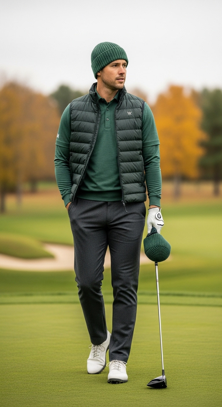 Layered Men'S Golf Outfit: Puffer Vest, Polo, Insulated Pants. Autumn Golf Course, Charcoal. Smart Cool Weather Golf Style.