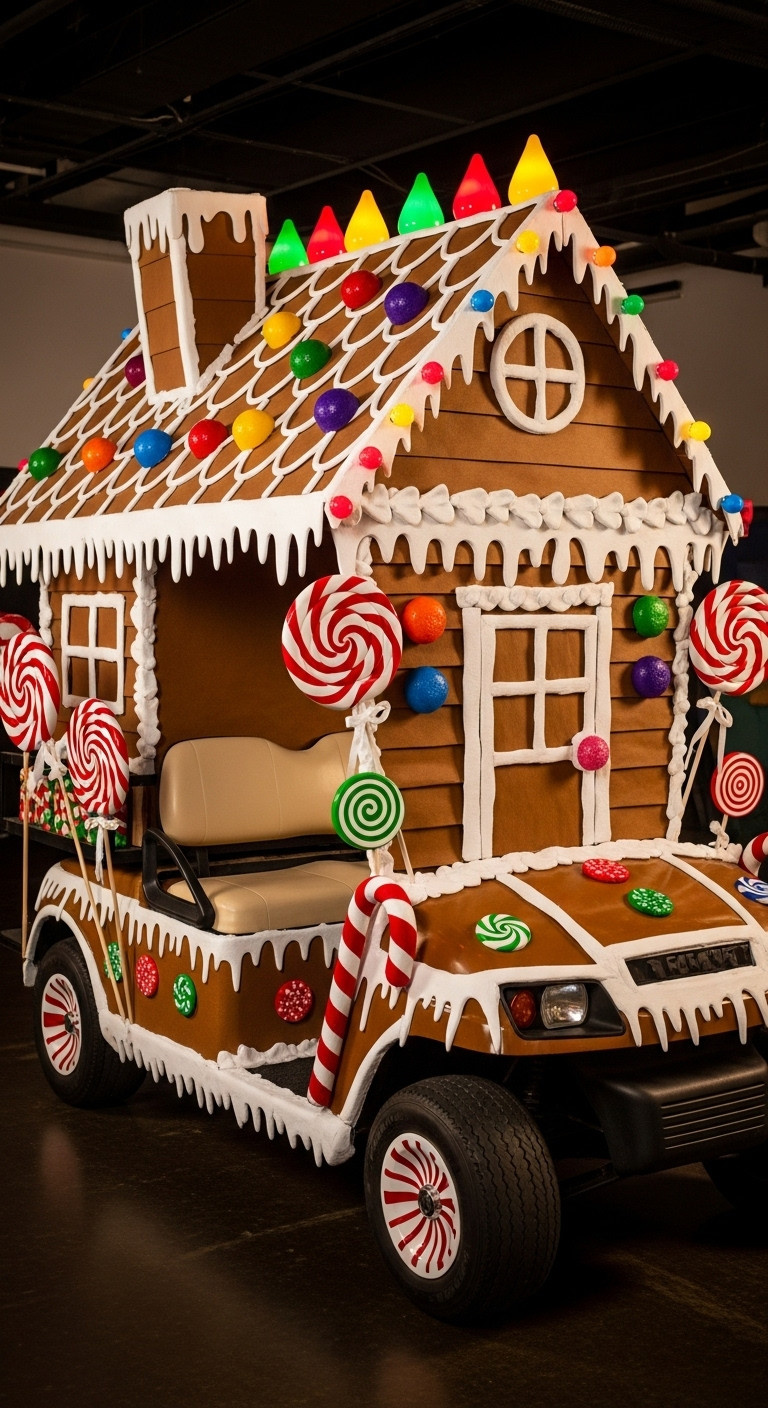 13 Stunning Golf Cart Decorating Ideas For Christmas Parades Life Sized Gingerbread House Golf Cart With Brown Paper White Icing Candy Ornaments Lollipops And Gumdrop Lights For Christmas Parade