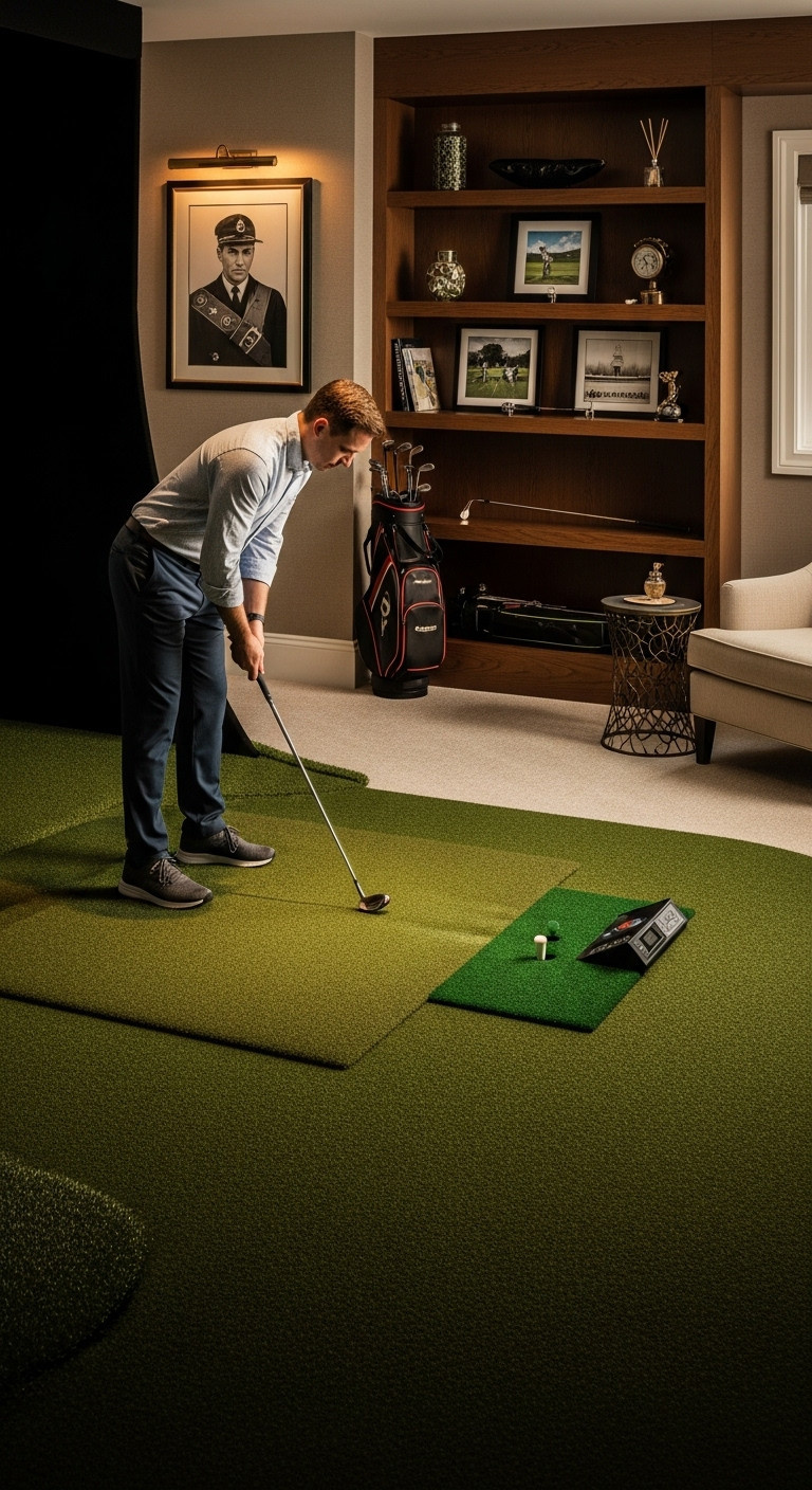 Design Your Perfect Golf Simulator Room Setup From Start To Finish Luxurious Golf Simulator Room With Rich Green Turf, Plush Carpet, Custom Shelves, Golf Memorabilia, And A Stylish Armchair. Elegant Home Golf Design.
