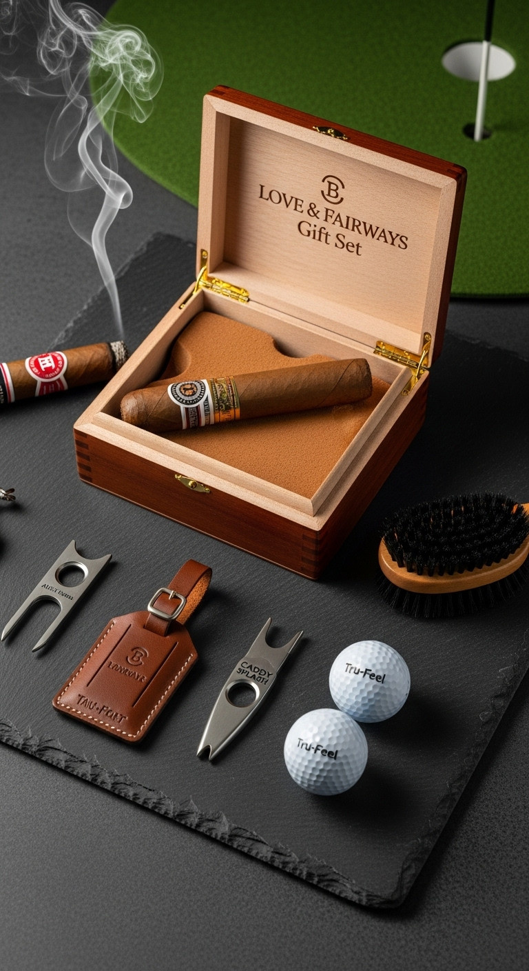 Luxury Spanish Cedar Lined Cigar Box With Golf Accessories A Leather Bag Tag Divot Tool And Brush