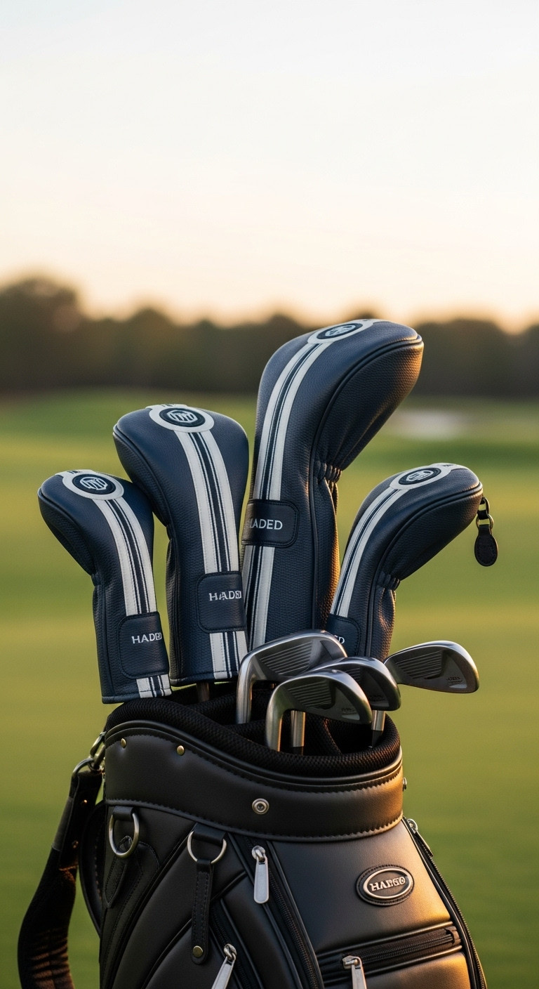 Luxury Navy Leather Golf Headcover Set On Clubs In A Premium Golf Bag With A Beautiful Golf Course At Sunset